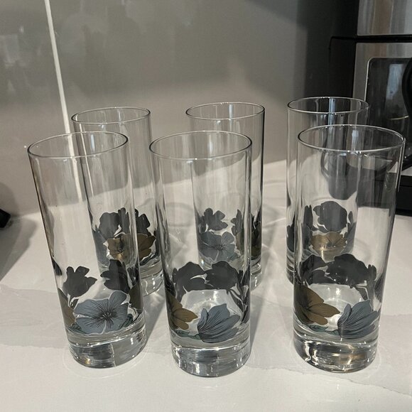 Arcoroc Luminarc Julie Highball Collin Glasses 6 Barware Silver & Gold Flowers - Picture 1 of 5